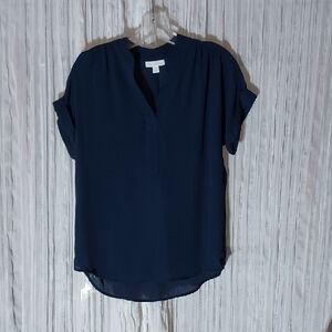 Charter Club Blue Mandarin Collar Blouse with Cuffed Sleeves